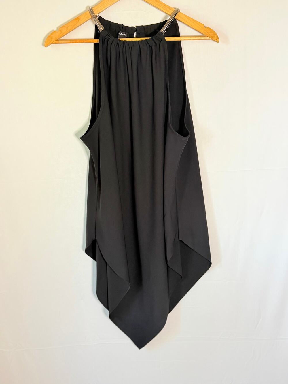 Alfani Black Handkerchief Hem Halter Blouse Top XL Sleeveless Metal Strap Tips.